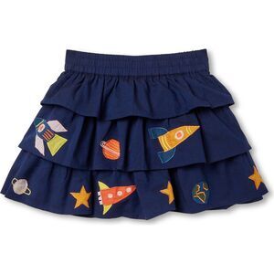 Piccolina Navy Blue Chambray Appliqué 3-Tier Skirt Space Pattern Girls Size 6T